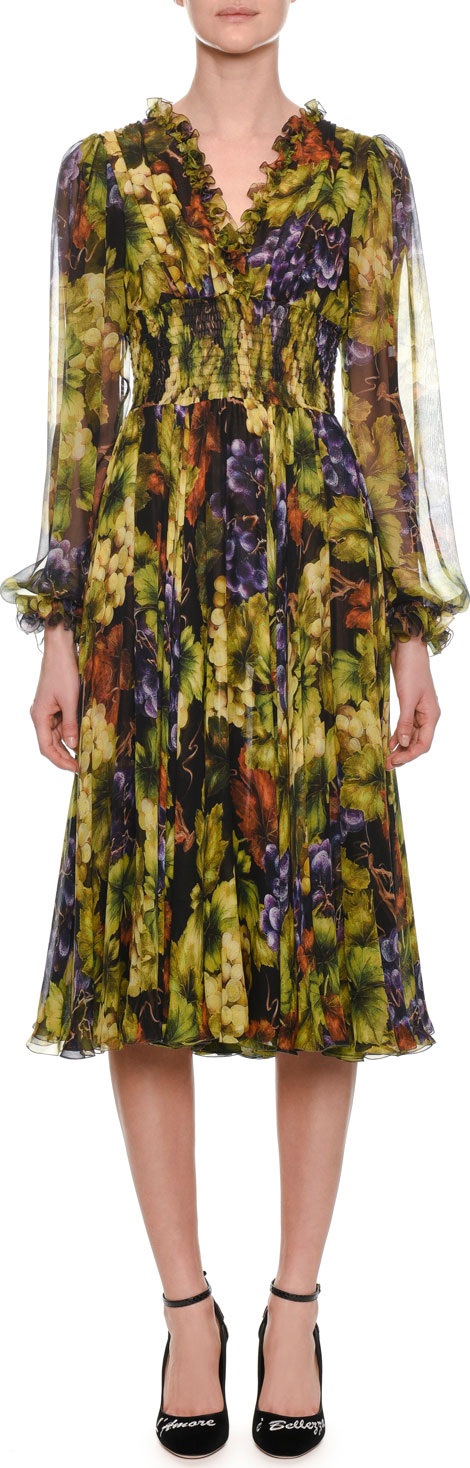 Dolce & Gabbana Long-Sleeve Ruched-Waist V-Neck Grape-Print Midi Dress