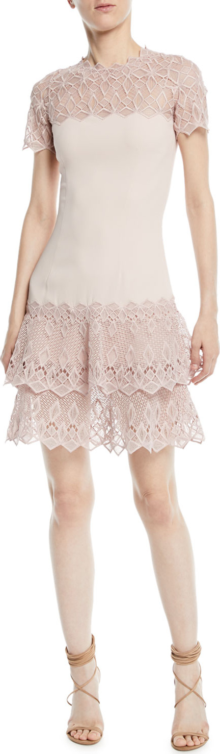 Jonathan Simkhai Diamond Crepe Applique Short-Sleeve Mini Dress Jonathan Simkhai Diamond Crepe Applique Short-Sleeve Mini Dress