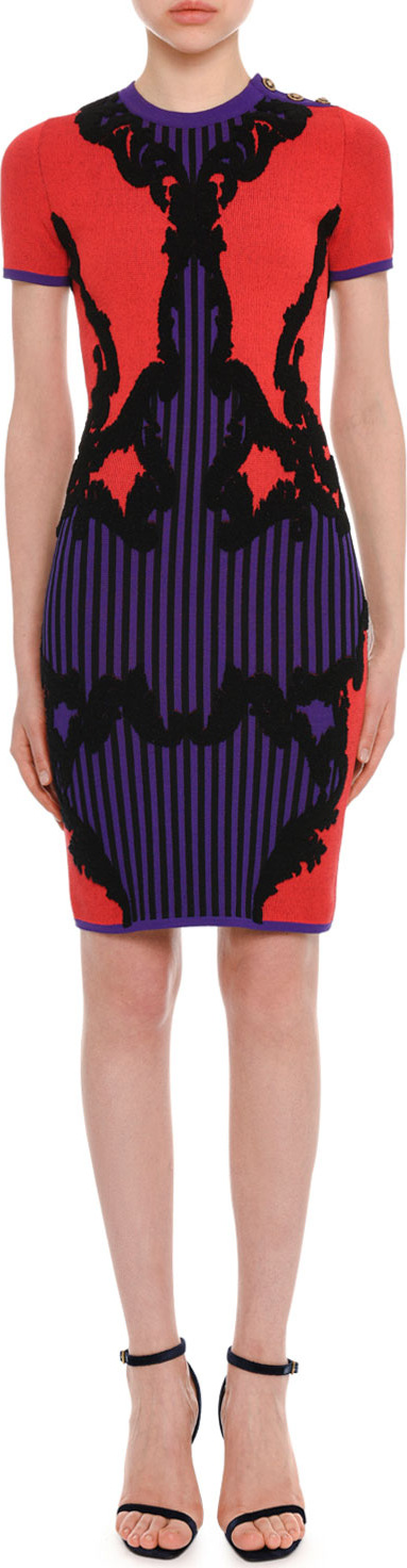 Versace Short-Sleeve Fitted Harlequin-Intarsia Knit Dress