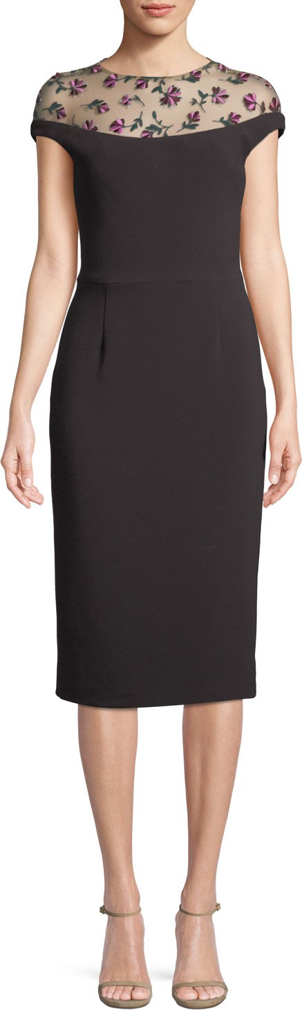Lela Rose Floral-Embroidered Tulle Yoke Fitted Cocktail Dress
