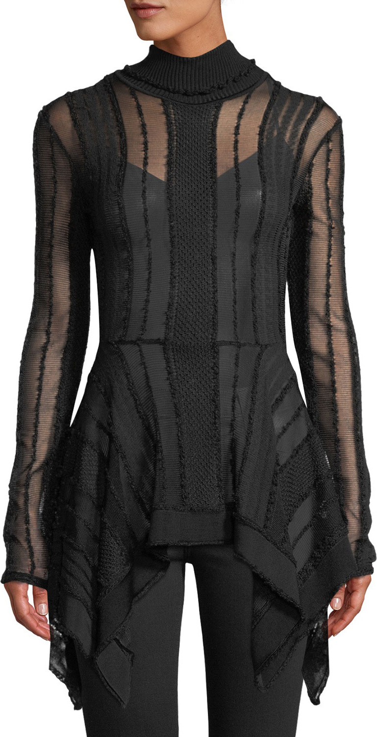 Roberto Cavalli Mock-Neck Long-Sleeve Peplum Sheer Knit Top