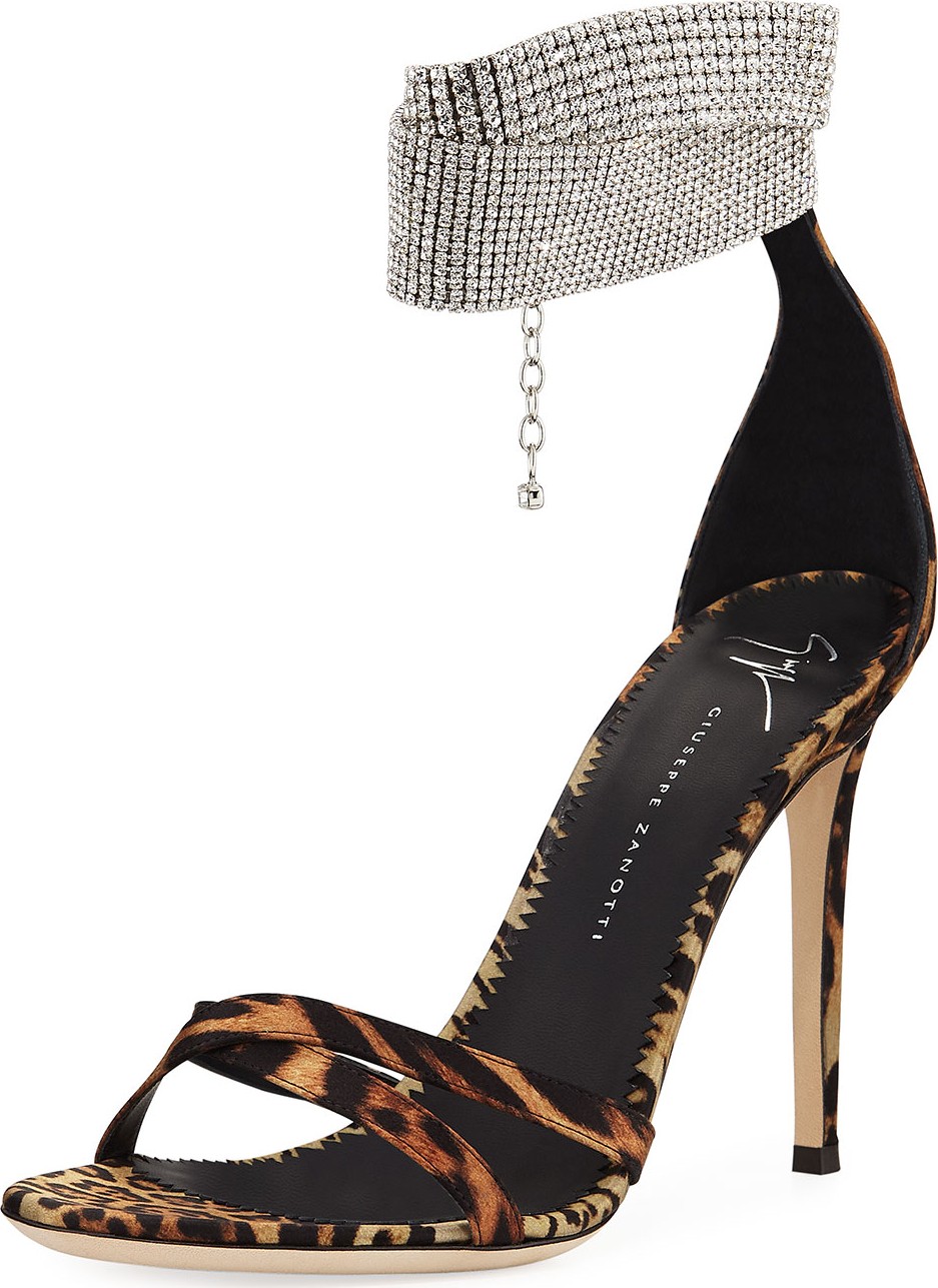 Giuseppe Zanotti Animal-Print Silk Sandals with Crystal Strap