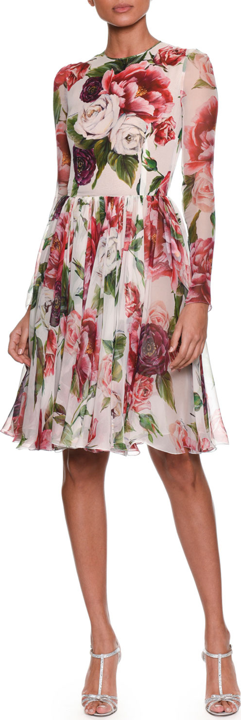 Dolce & Gabbana Long-Sleeve Rose & Peony Print Fit-and-Flare Chiffon Dress Dolce & Gabbana Long-Sleeve Rose & Peony Print Fit-and-Flare Chiffon Dress