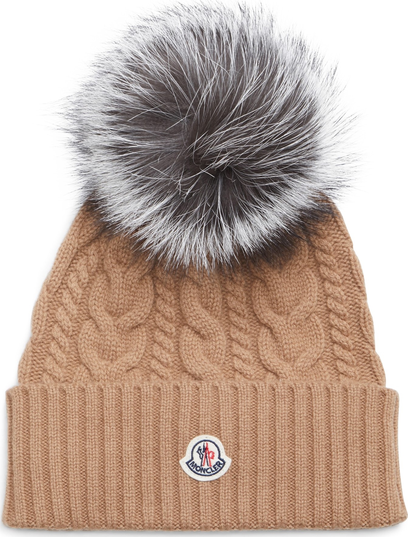 Moncler Cable Knit Beanie with Genuine Fox Fur Pom