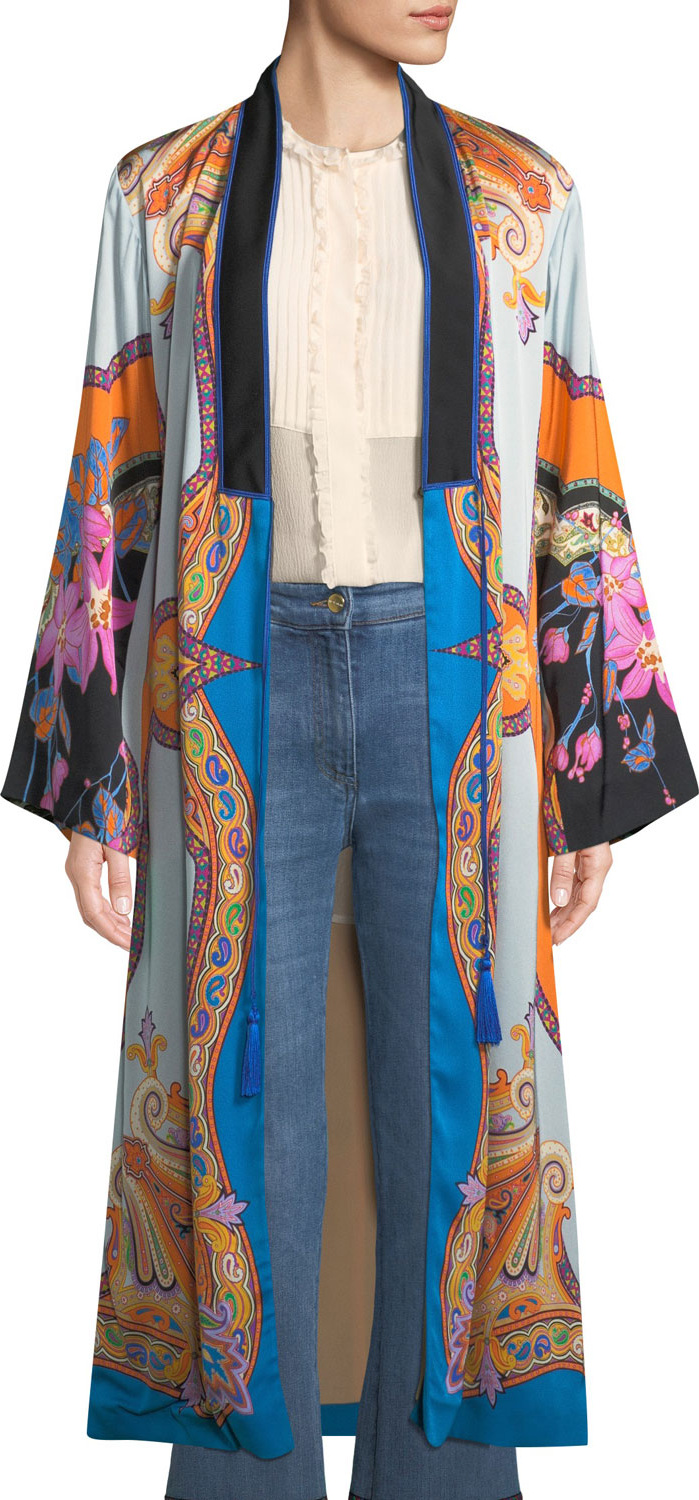 Etro Tie-Front Scarf-Print Long-Sleeve Long Kimono
