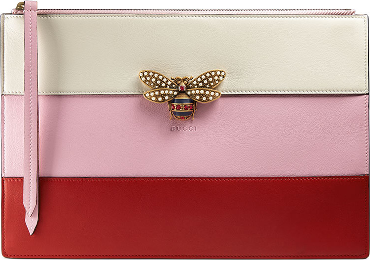Gucci Colorblock Beaded-Bee Flat Zip Pouch Bag, Red/Pink