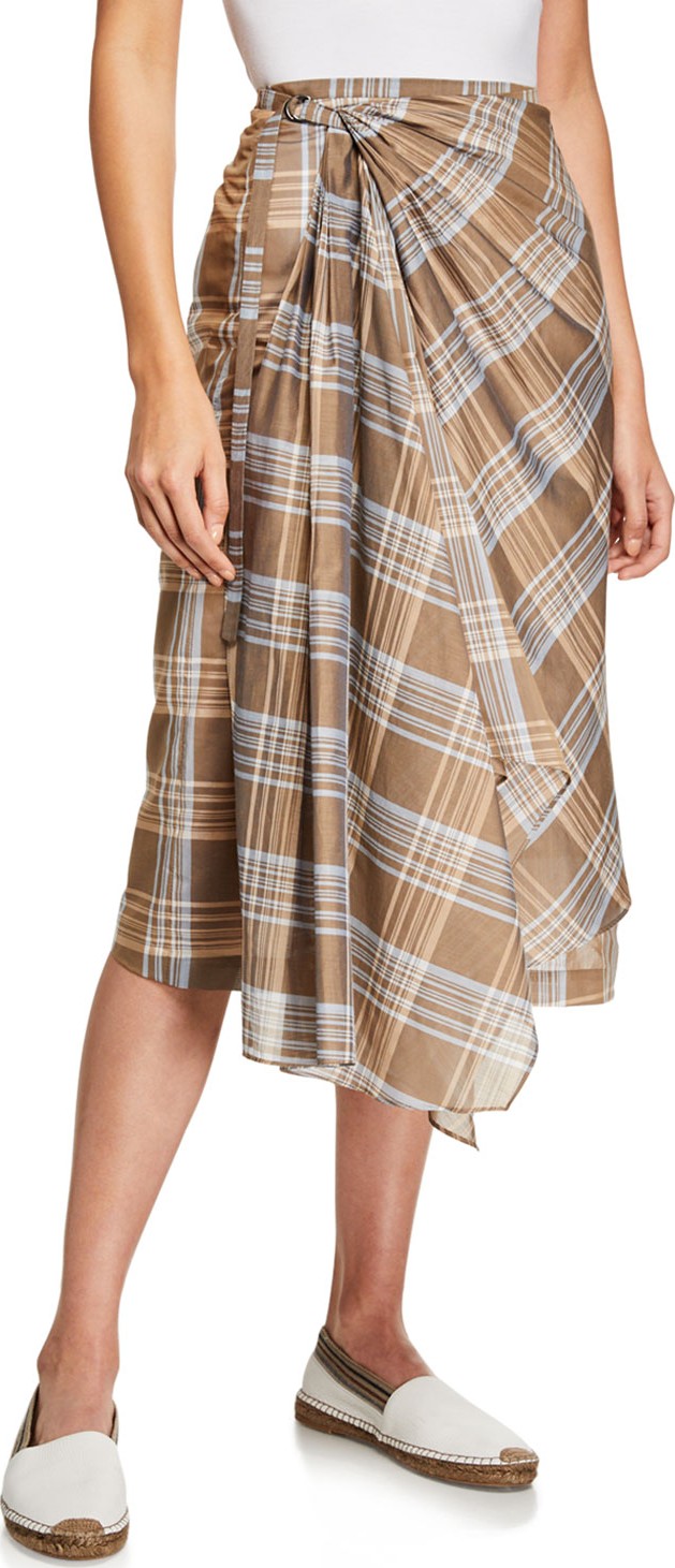Brunello Cucinelli Plaid Cotton-Silk Wrap Skirt