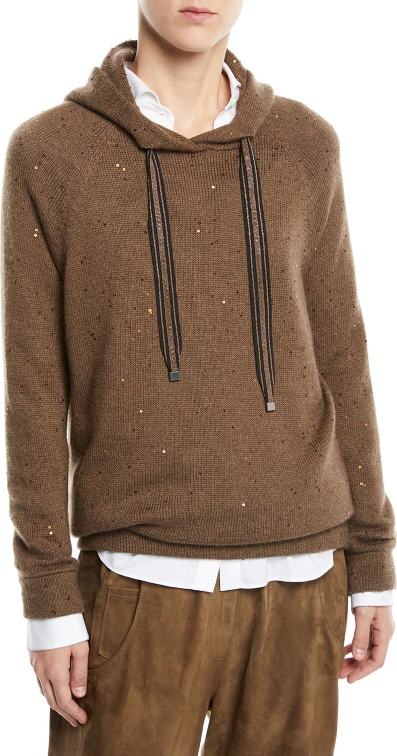 Brunello Cucinelli Cashmere-Silk Paillette Pullover Hoodie w/ Monili Ties