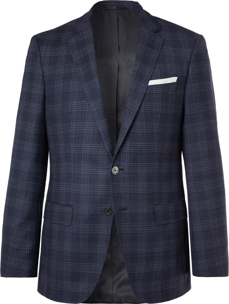 HUGO BOSS Navy Hutsons Slim-Fit Prince of Wales Checked Virgin Wool Blazer