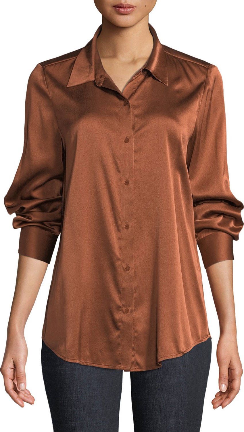 Eileen Fisher Long-Sleeve Silk Charmeuse Button-Front Shirt