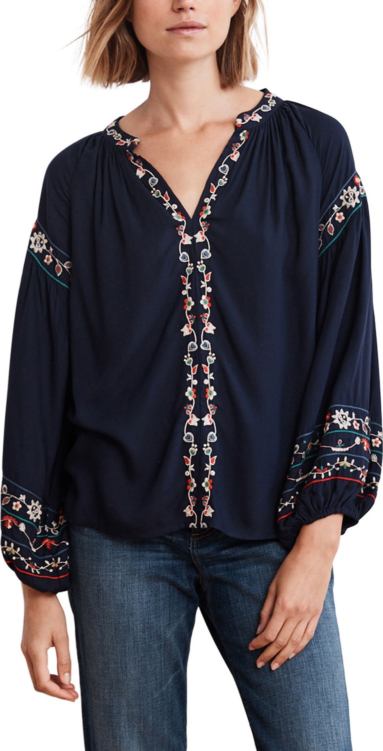 Velvet By Graham & Spencer Embroidered V-Neck Long-Sleeve Top