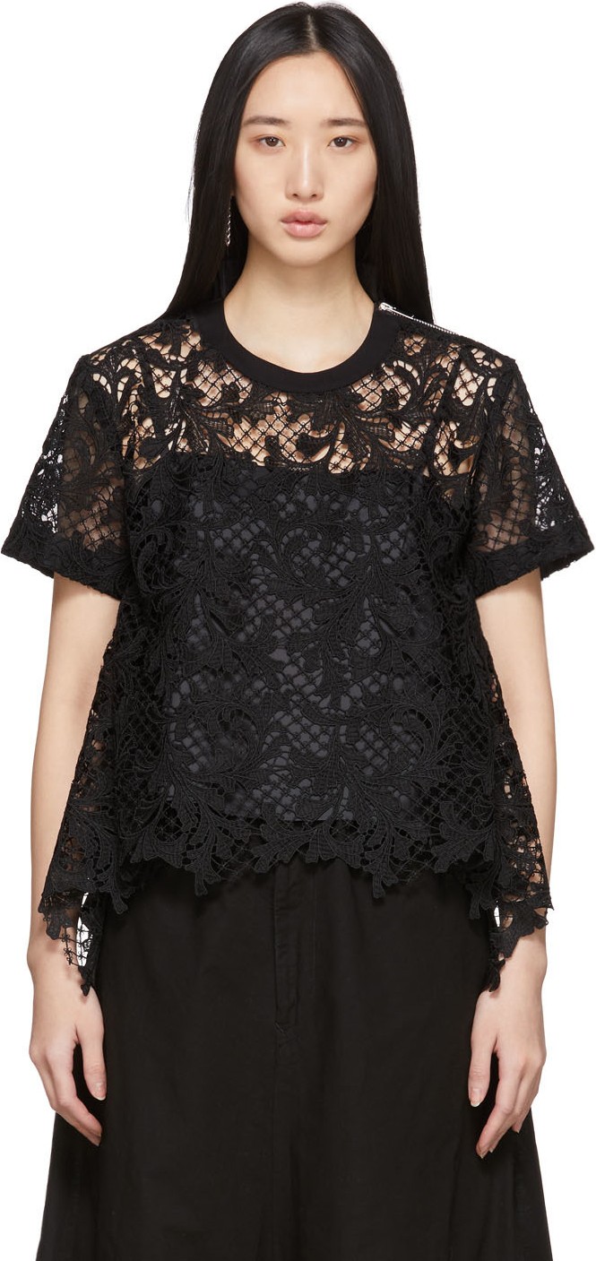 Sacai Black Embroidered  Lace Top