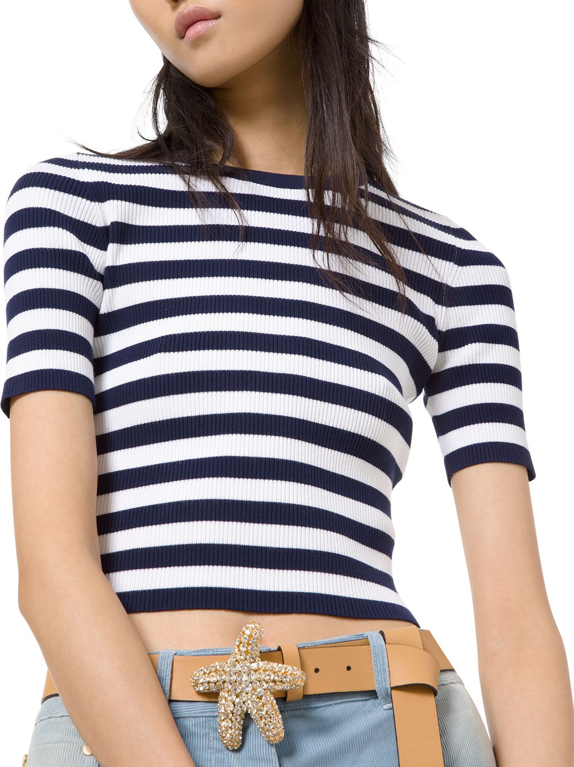 Michael Kors Collection Breton-Striped Ribbed Stretch Jersey Tee