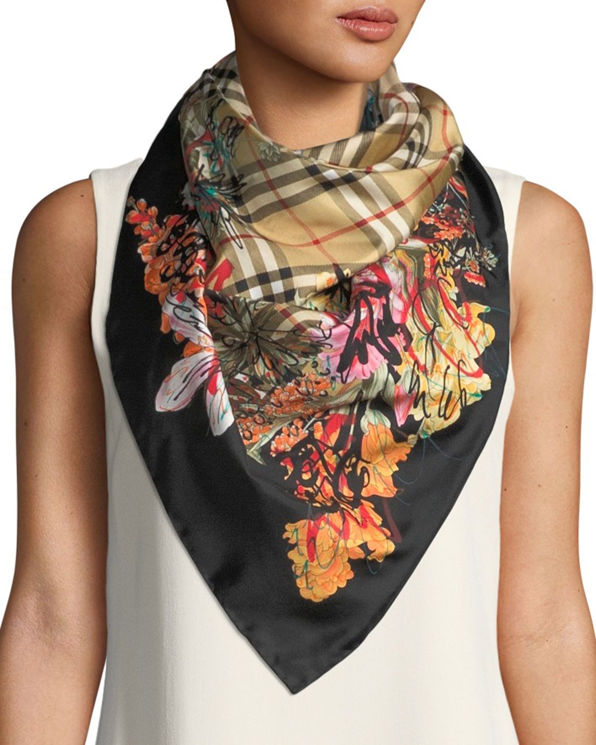 Burberry London England Scribble Floral Vintage Check Silk Square Scarf