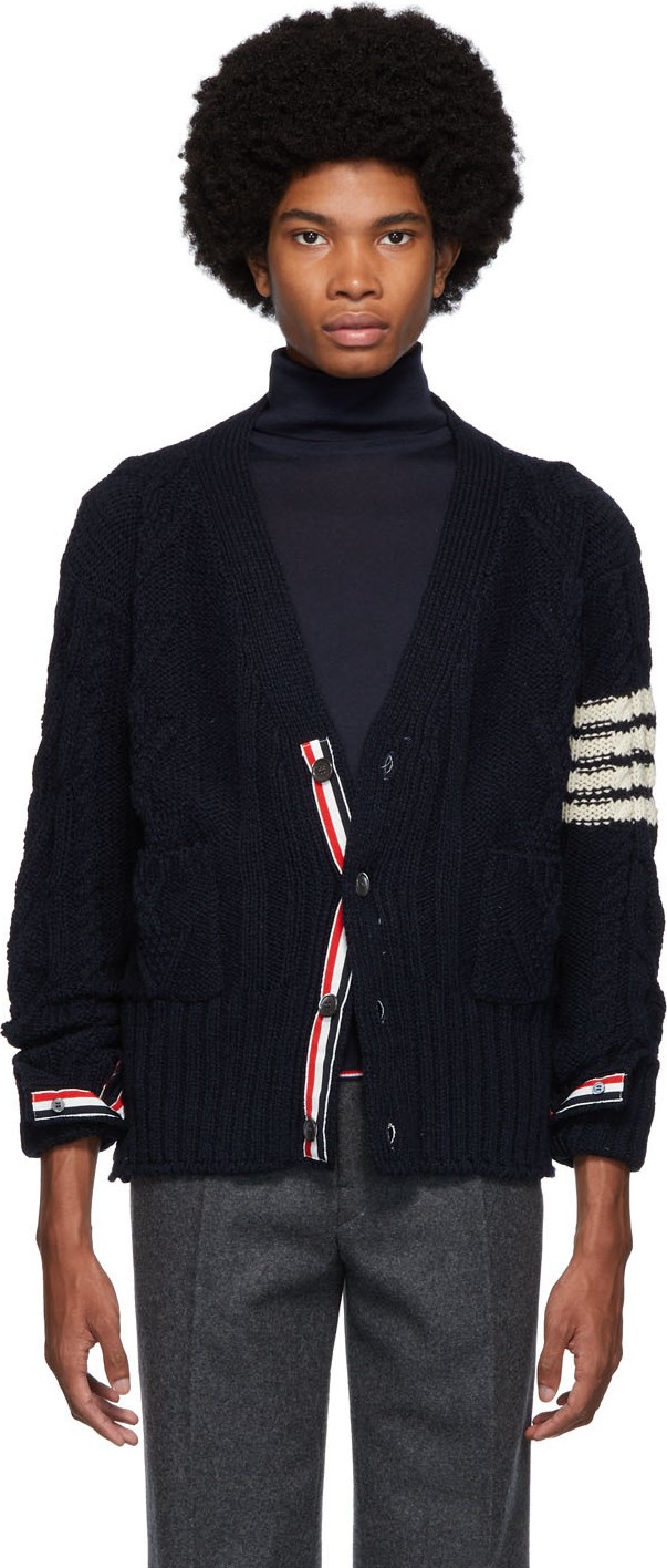 Thom Browne Navy Aran Cable Knit 4-Bar Cardigan