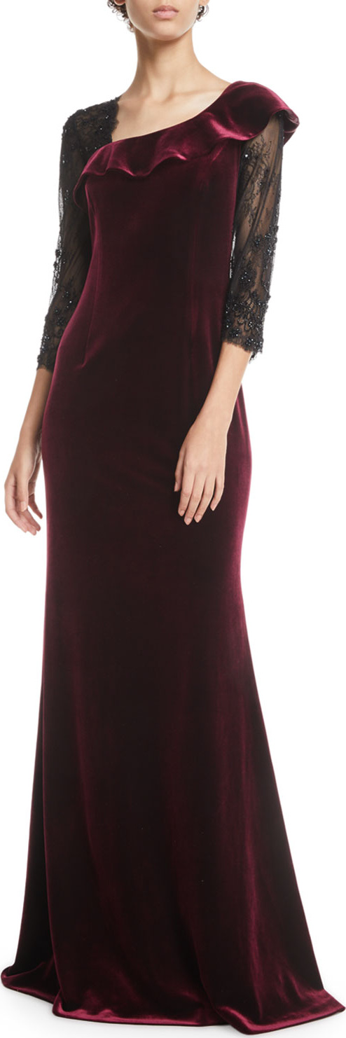 Rickie Freeman for Teri Jon Asymmetric Velvet & Lace-Sleeve Gown