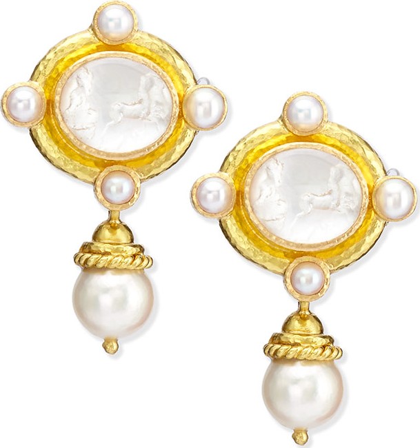 Elizabeth Locke Cabochon Quadriga Pearl Drop Earrings