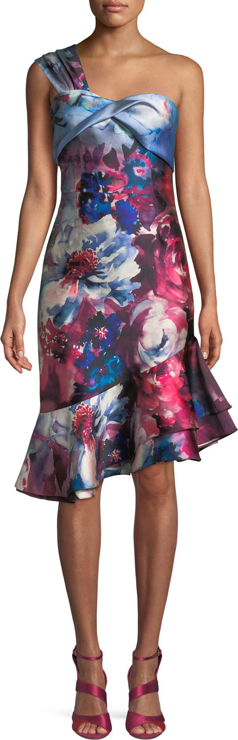 David Meister Floral-Print One-Shoulder Cocktail Dress