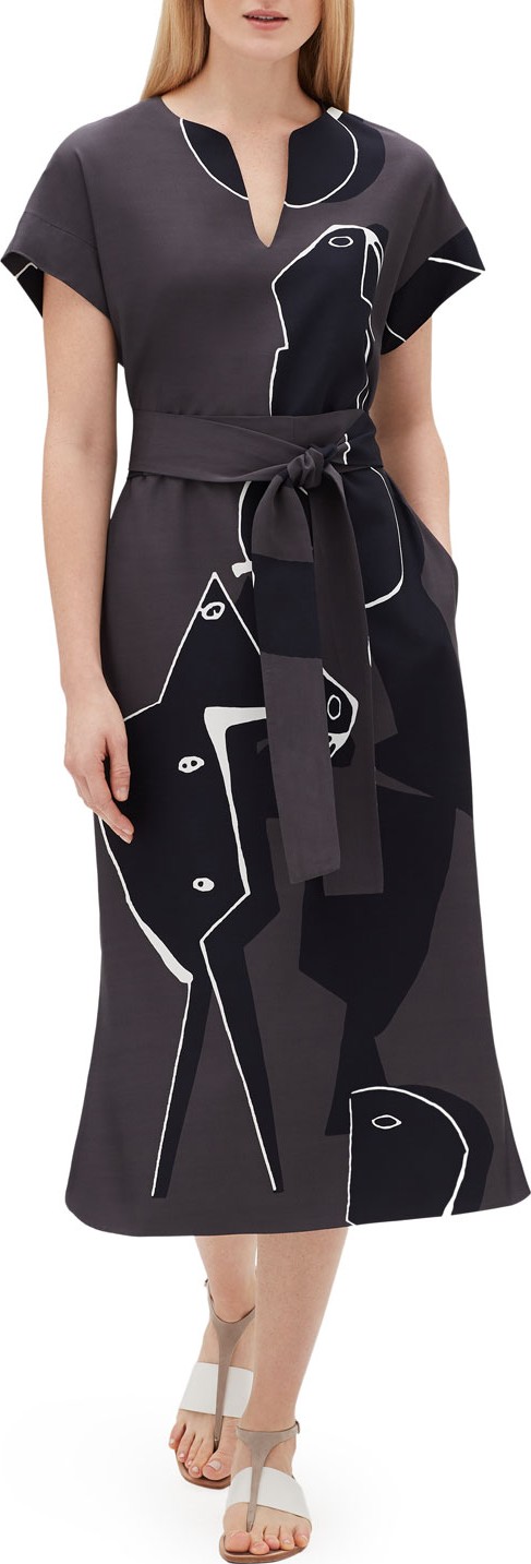 Lafayette 148 New York Cosimia Portrait-Print Short-Sleeve Belted Drape Cloth Dress
