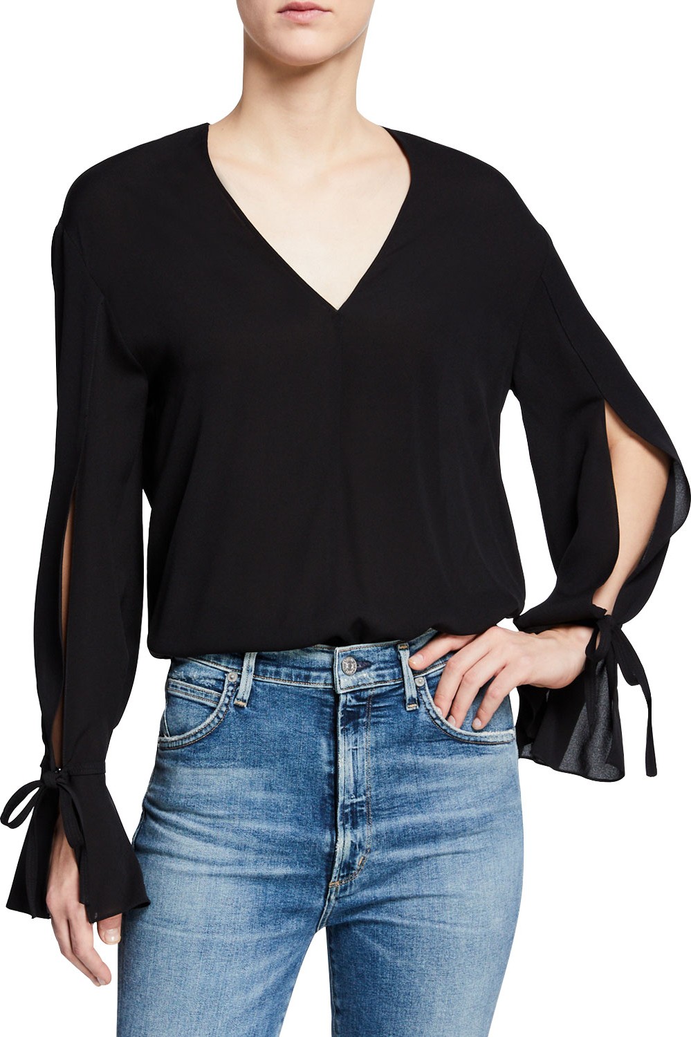 3.1 Phillip Lim Silk Tie-Sleeve V-Neck Blouse