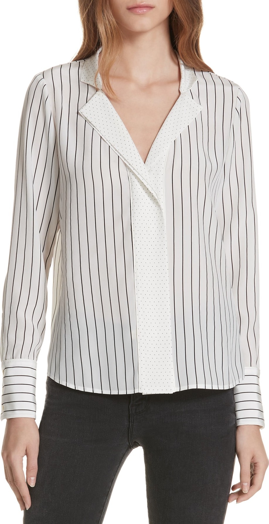 FRAME DENIM Notch Contrast Placket Silk Blouse