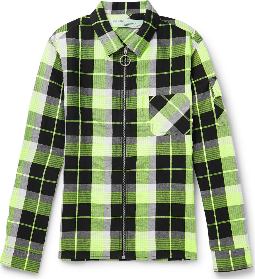 Off White Printed Checked Twill Zip-Up Shirt Jacket