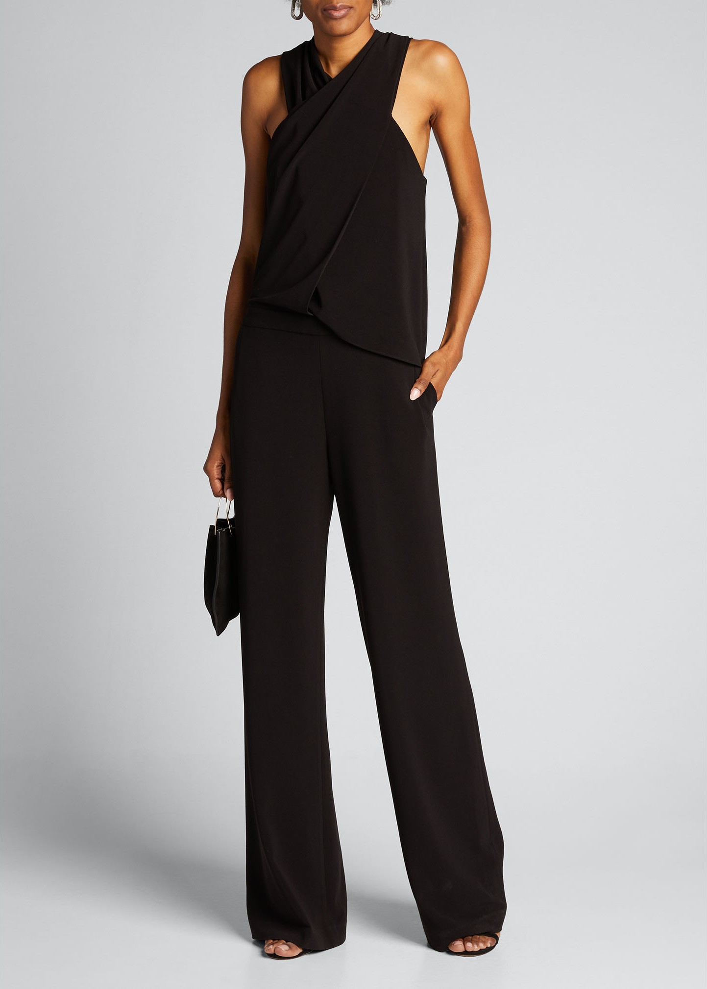 Halston Wrap-Neck Stretch Moss Crepe Halter Jumpsuit