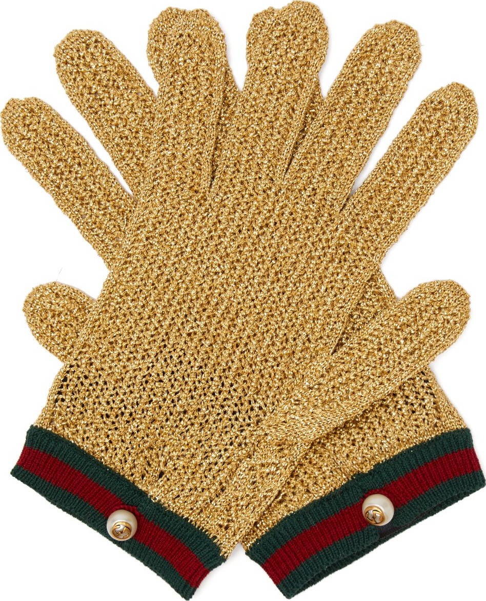 Gucci Web-striped metallic crochet gloves