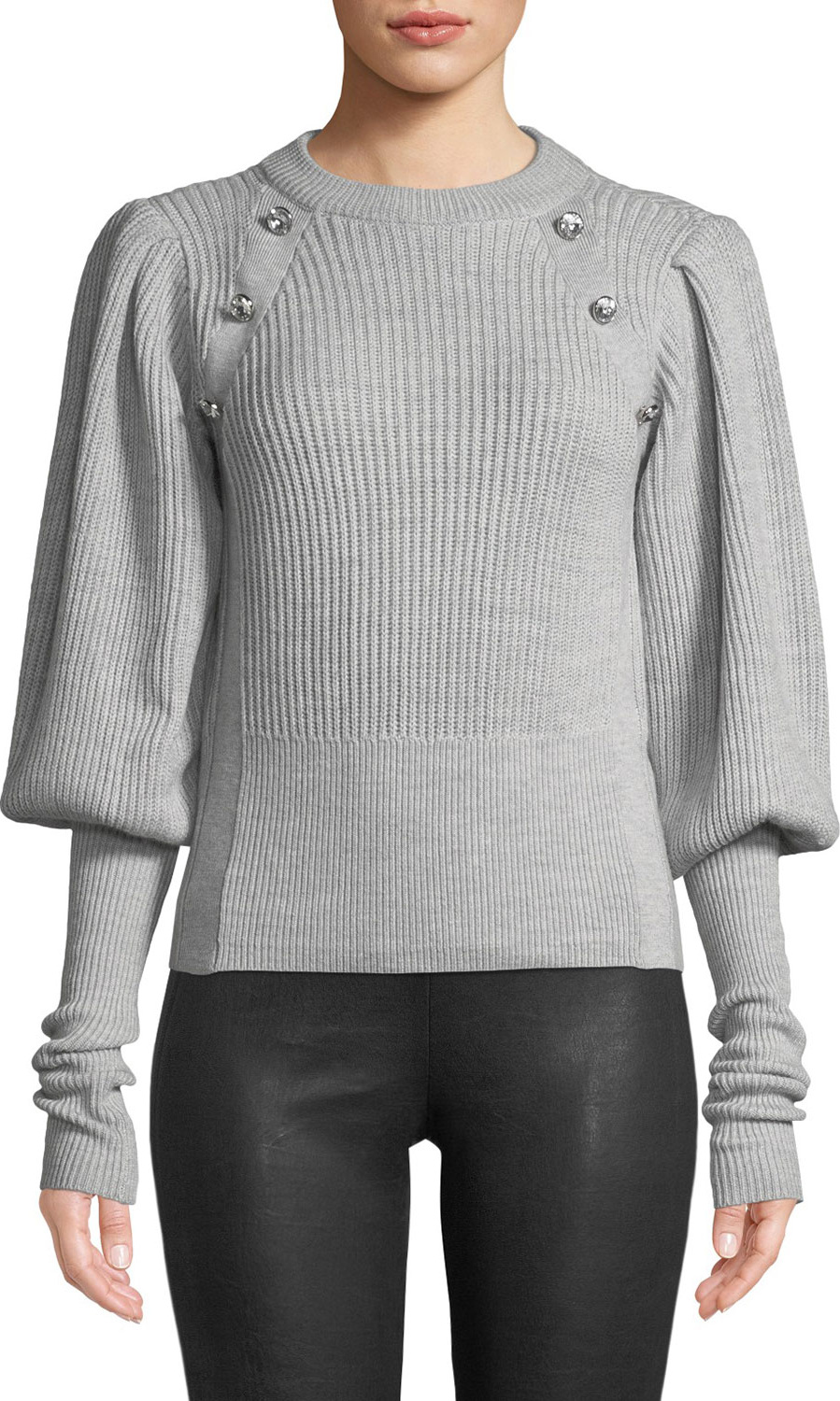 Veronica Beard Jude Jeweled Crewneck Blouson-Sleeve Wool Knit Sweater