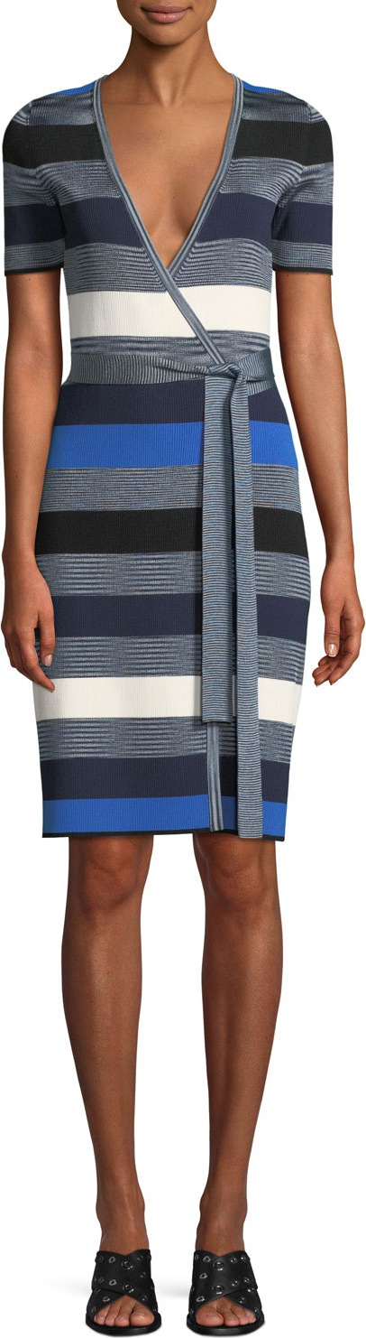 DIANE von FURSTENBERG Striped Short-Sleeve Sweater Wrap Dress