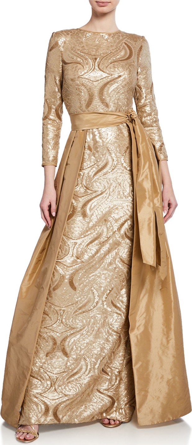 Rickie Freeman for Teri Jon Long-Sleeve Sequin Gown w/ Taffeta Overlay