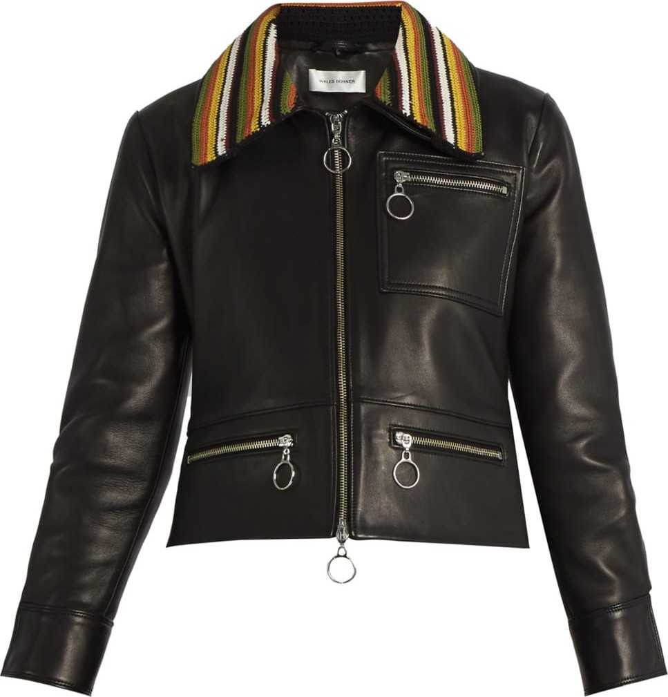 Wales Bonner Crochet-collar leather biker jacket
