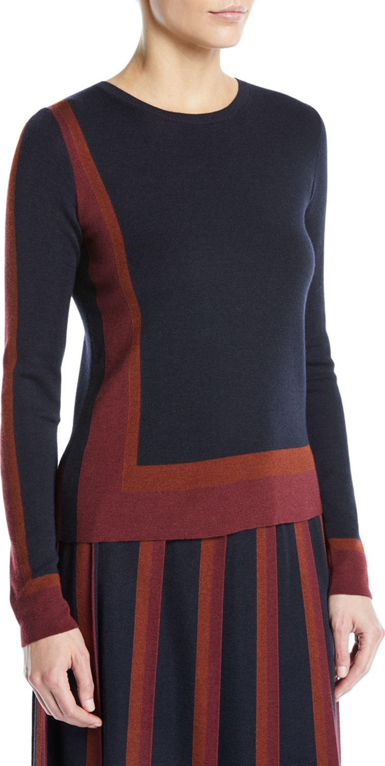 Loro Piana Graphic Cashmere-Silk Crewneck Long-Sleeve Sweater