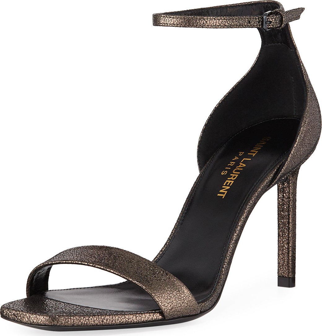 Saint Laurent Amber Metallic Ankle-Wrap Sandals