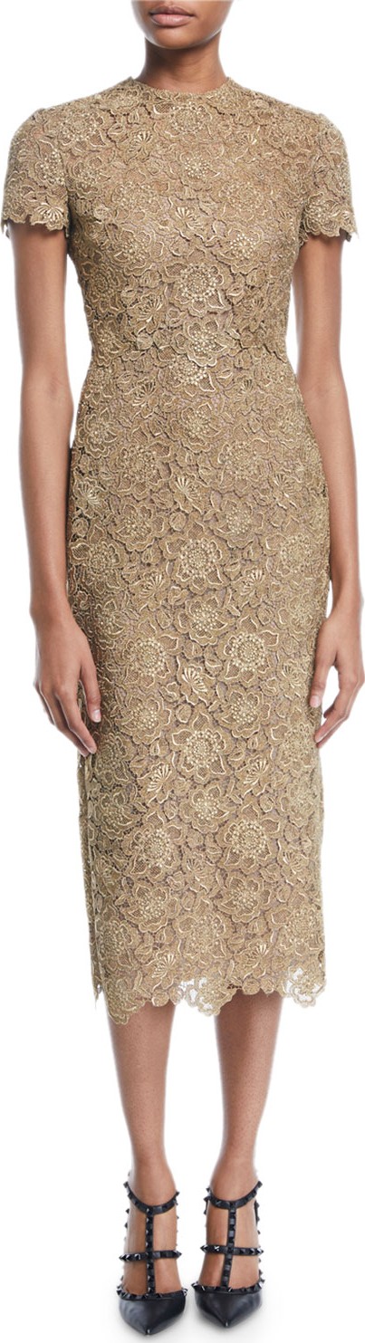 Valentino Short-Sleeve Metallic Lace Midi Dress