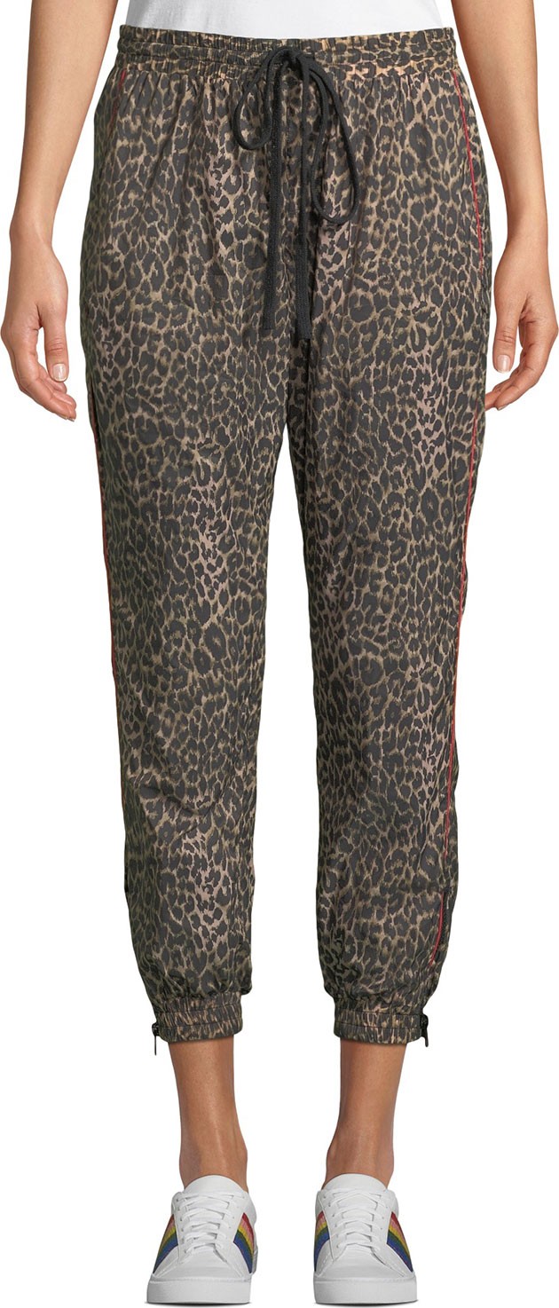 PAM & GELA Leopard-Print Drawstring Track Pants w/ Red Piping