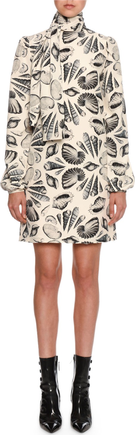 Alexander McQueen Long-Sleeve Tie-Neck Shell Print Mini Dress