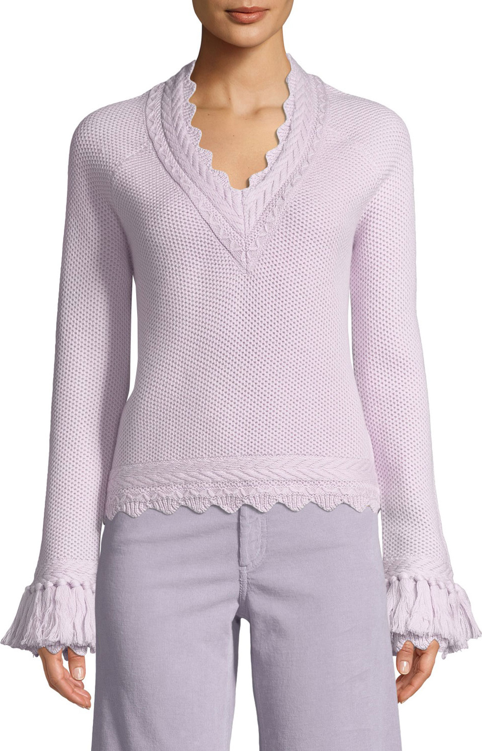 Jonathan Simkhai Scalloped V-Neck Wool Tassel-Cuff Sweater