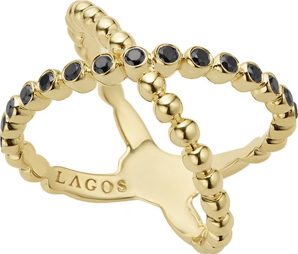 LAGOS Caviar 18K Gold Crisscross Ring with Black Diamonds, Size 7