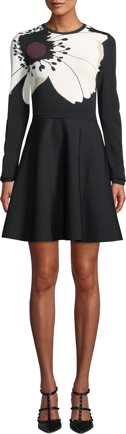 Valentino Long-Sleeve Anemone-Flower Knit Dress