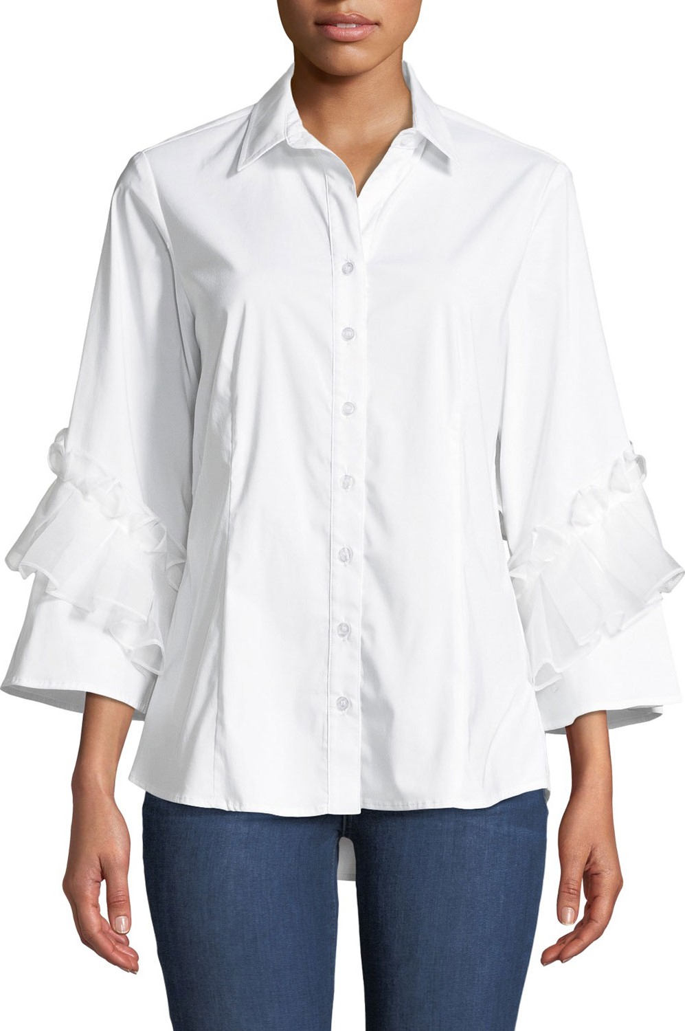 Finley Vera Crystal Cuts Button-Front Ruffle-Sleeve Blouse
