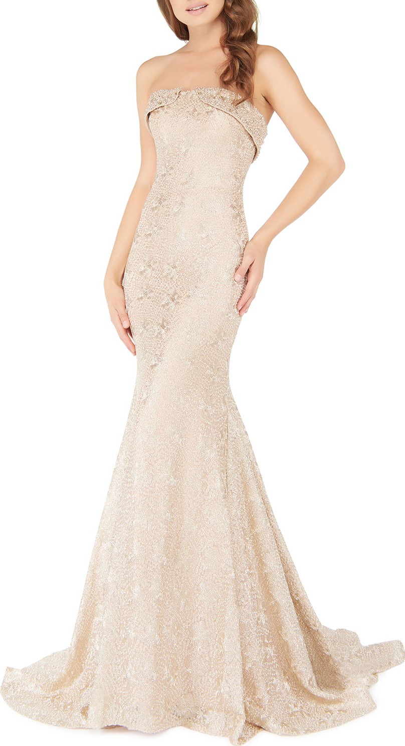 Mac Duggal Strapless Metallic Lace Trumpet Gown with Train