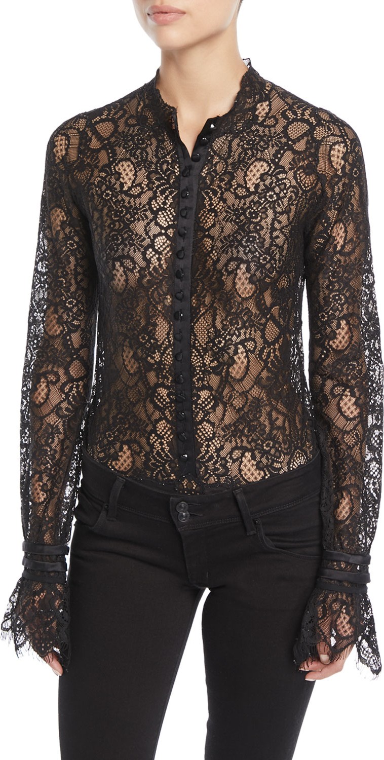 Jonathan Simkhai Mixed Lace Long-Sleeve Button-Front Bodysuit
