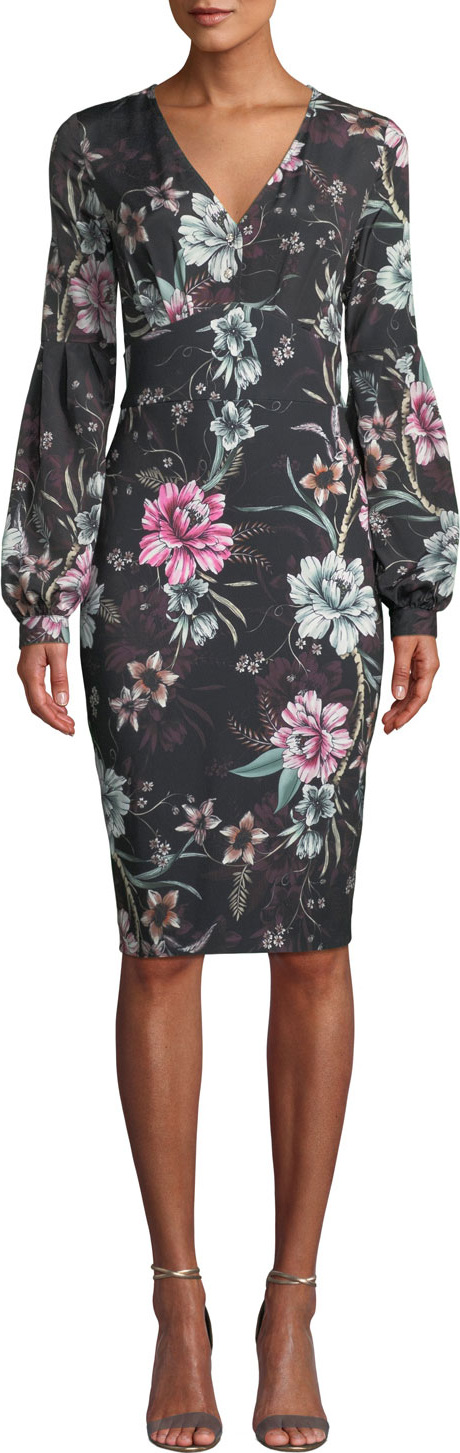 Badgley Mischka Floral V-Neck Balloon-Sleeve Dress