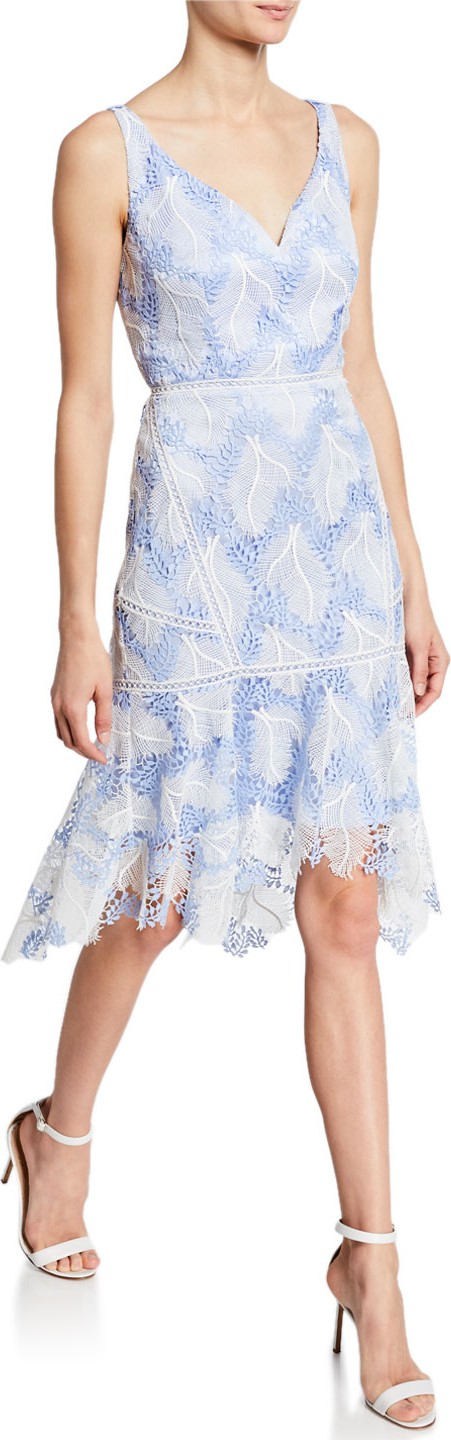 Elie Tahari Mariya V-Neck Sleeveless Flounce-Hem Lace Cocktail Dress Elie Tahari Mariya V-Neck Sleeveless Flounce-Hem Lace Cocktail Dress