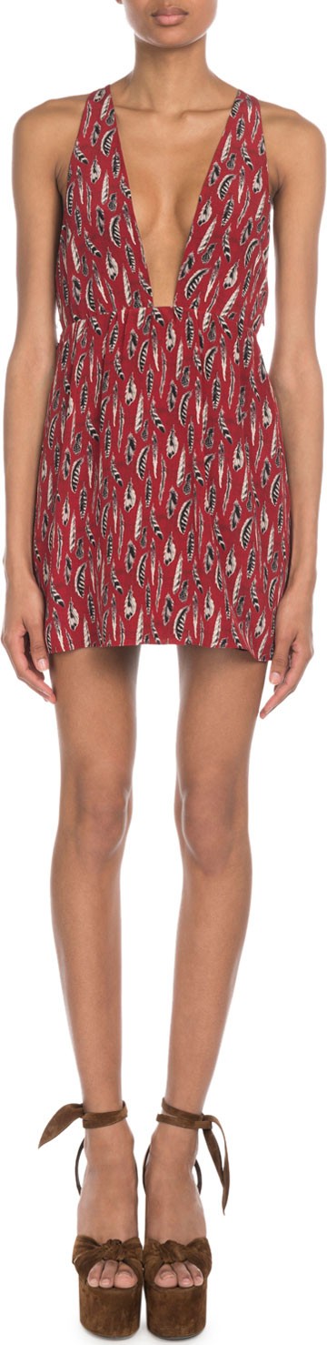 Saint Laurent V-Neck Feather-Print Crepe de Chine Mini Dress