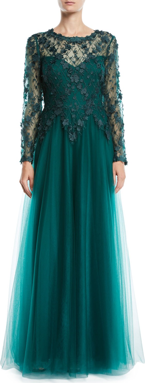 Tadashi Shoji 3D Lace Gown w/ Flowy Skirt