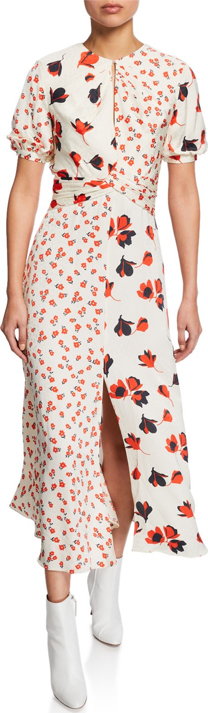 Self Portrait Mixed Floral Print Puff Sleeve Midi Dress