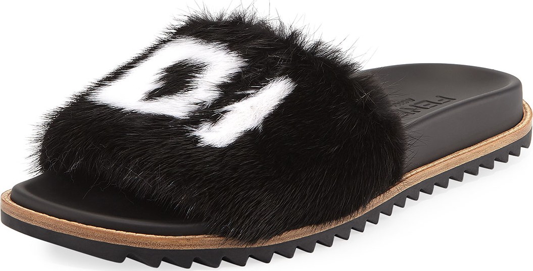 Fendi Men's Fendi Mania Logo-Print Mink Fur Slide Sandals