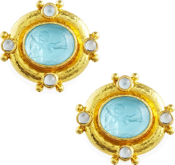 Elizabeth Locke Quadriga Intaglio Clip/Post Earrings, Light Aqua